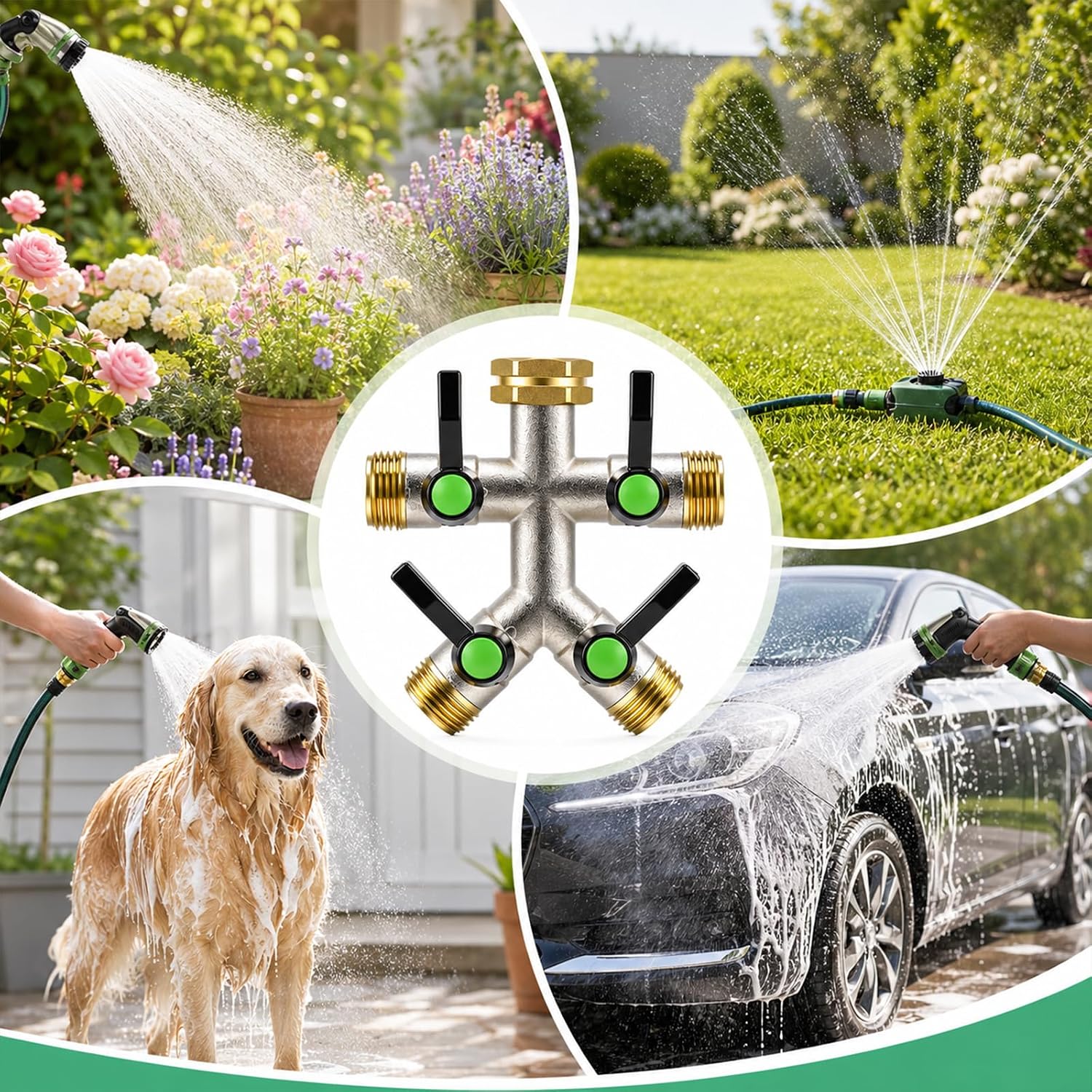 4 Way Hose Splitter, Heavy Duty Brass Garden Hose Connector, 3/4" GHT Water Spigot Splitter with 4 Shutoff Valves, High