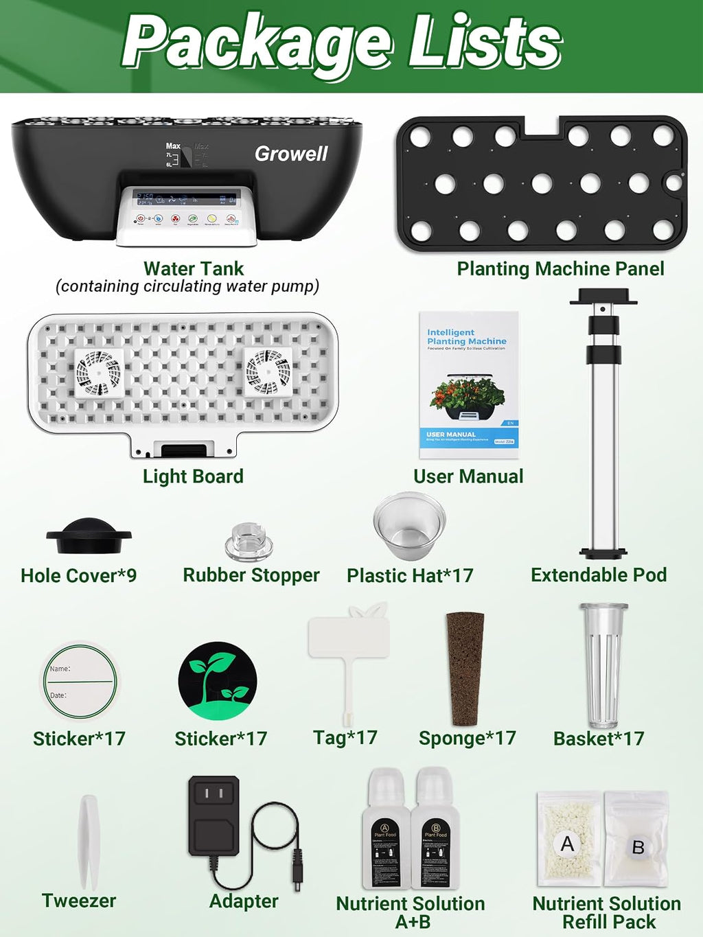 Growell Hydroponics Growing System, 17 Pods Large Indoor Garden with 2 Fans | 102 28W Full-Spectrum Grow Lights