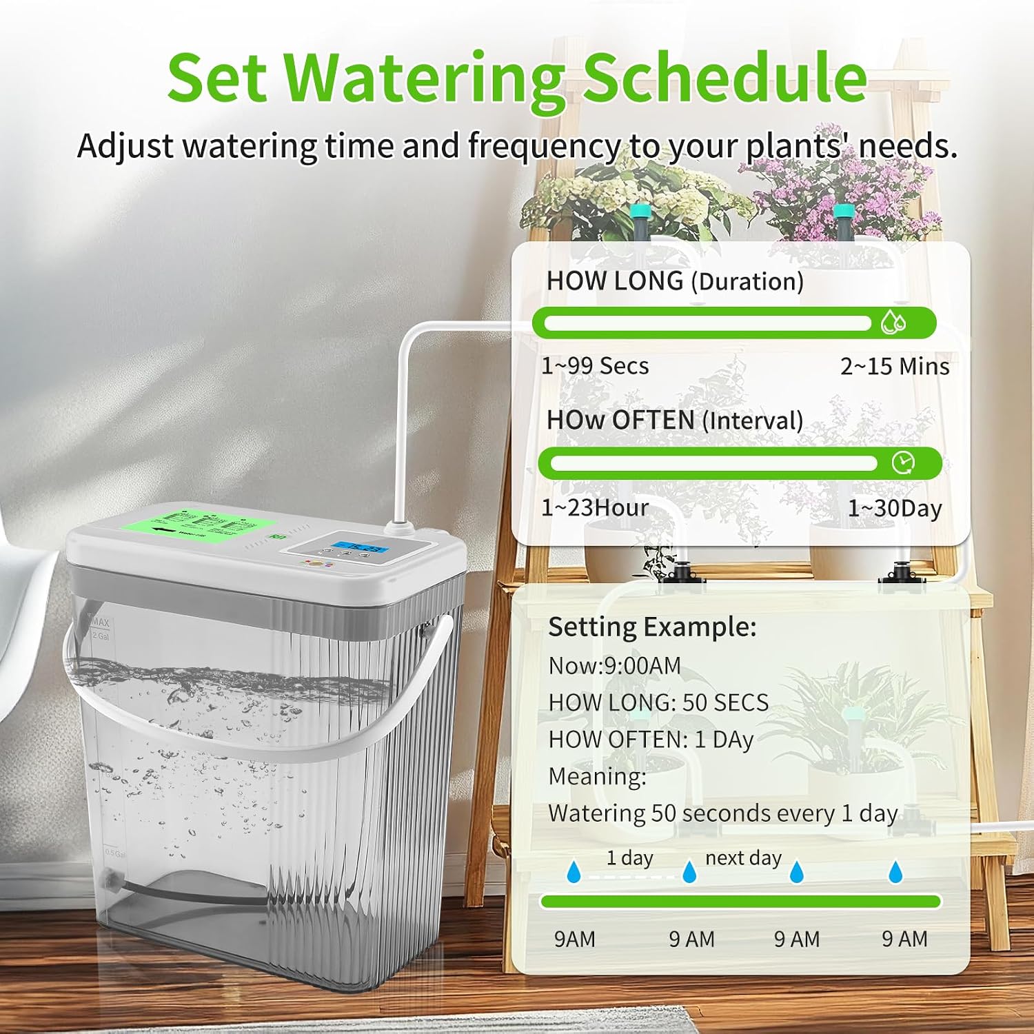 Indoor Drip Irrigation System with 2-Gallon Water Tank, Touch Night Light & Programmable Timer-Self-Watering Kit for 10