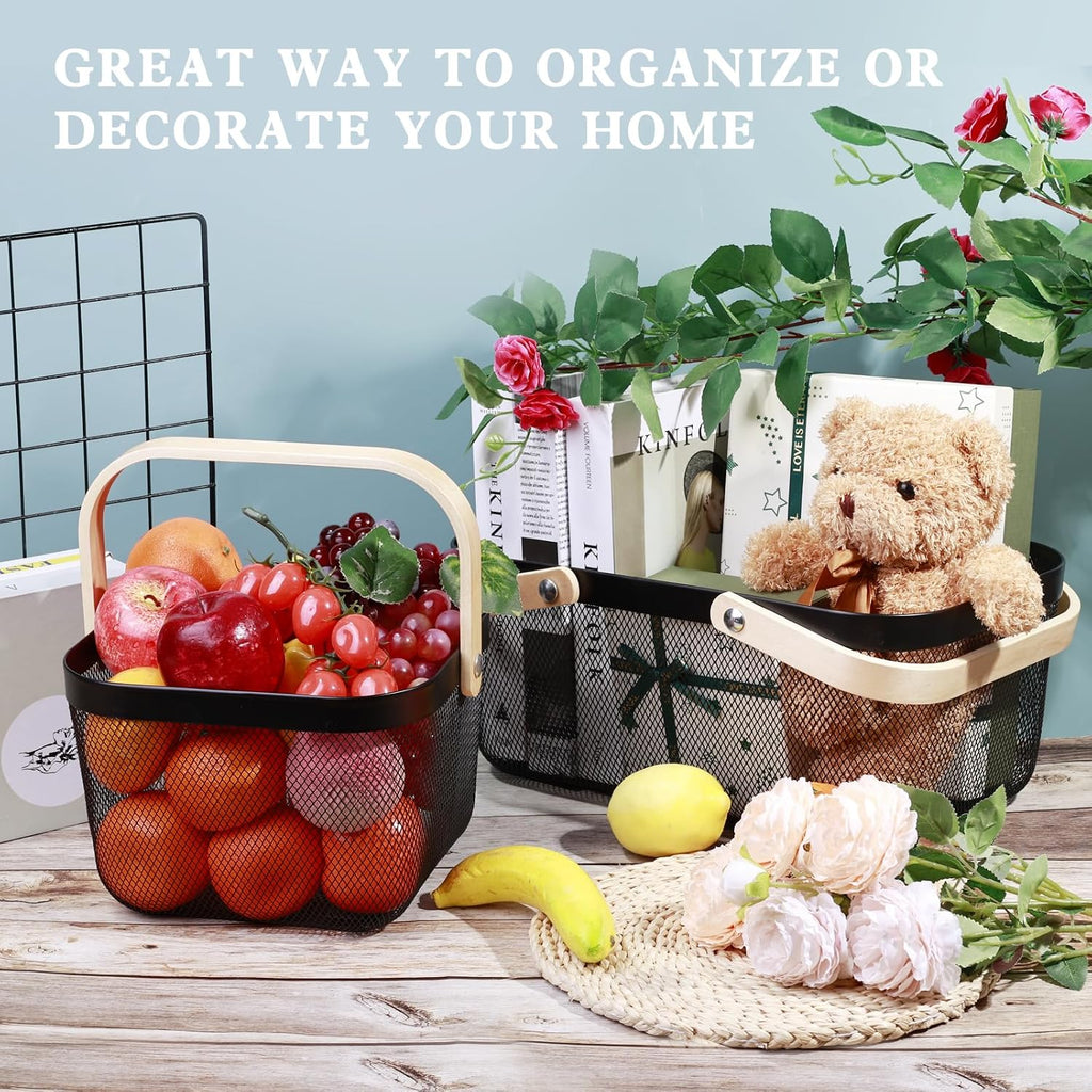 2 Pack Garden Harvest Basket, Metal Mesh Wire Picnic Basket with Handle | for Picnic, Vegetable Gathering, Fruit