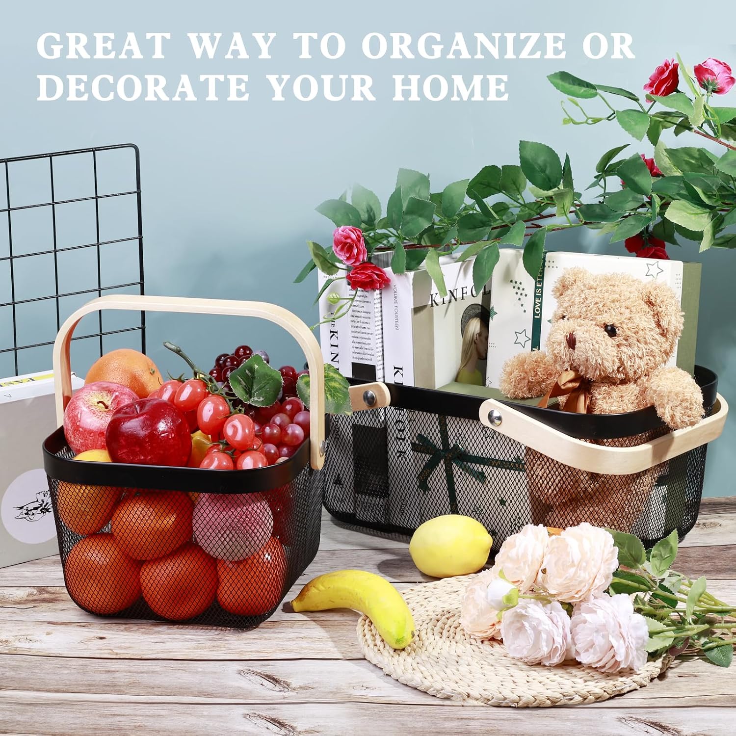 2 Pack Garden Harvest Basket, Metal Mesh Wire Picnic Basket with Handle | for Picnic, Vegetable Gathering, Fruit