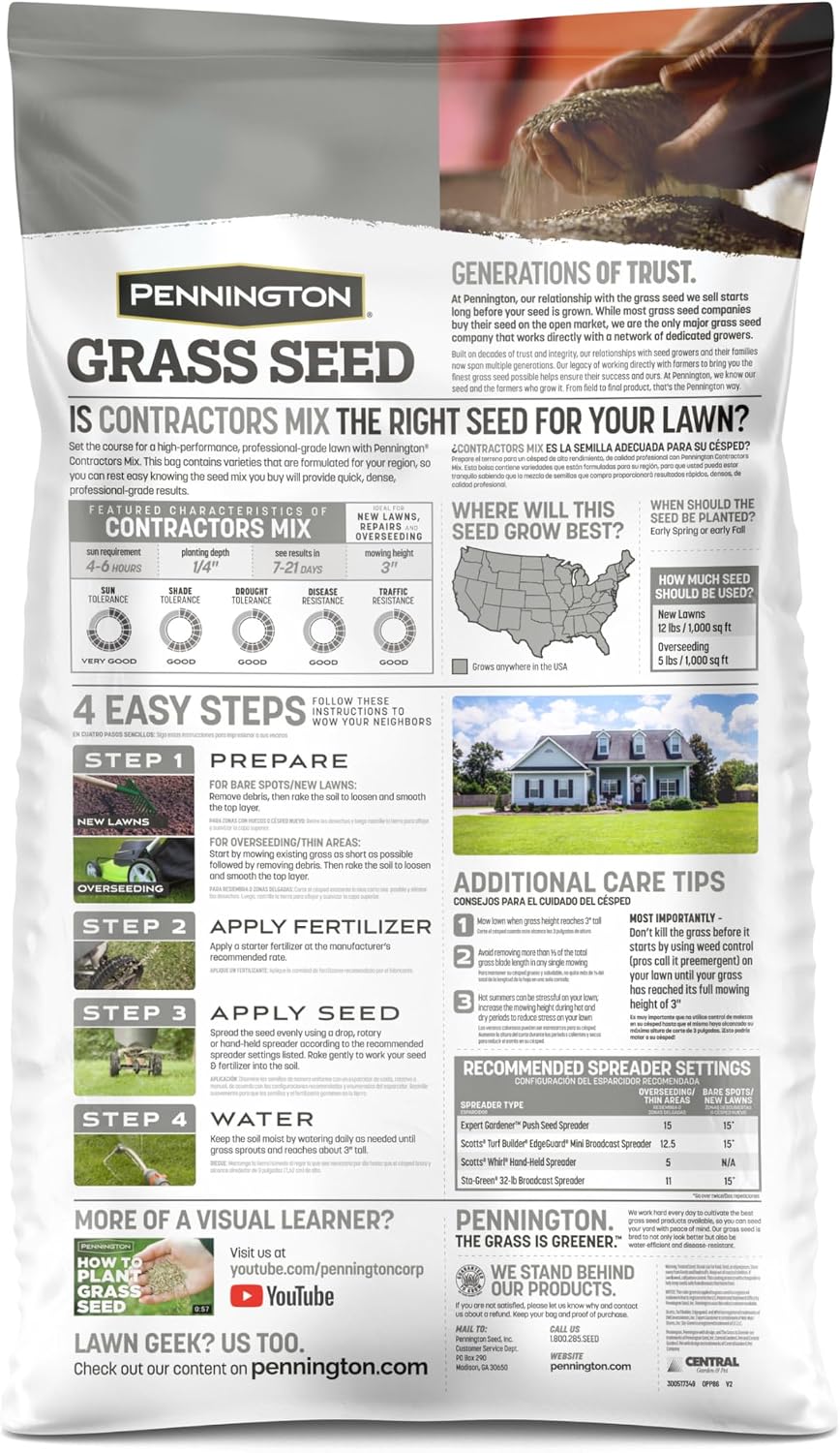 Pennington Contractors Grass Seed Mix Northern Mix 40 lb | Bulk grass seed for overseeding and lawn repair, covers up
