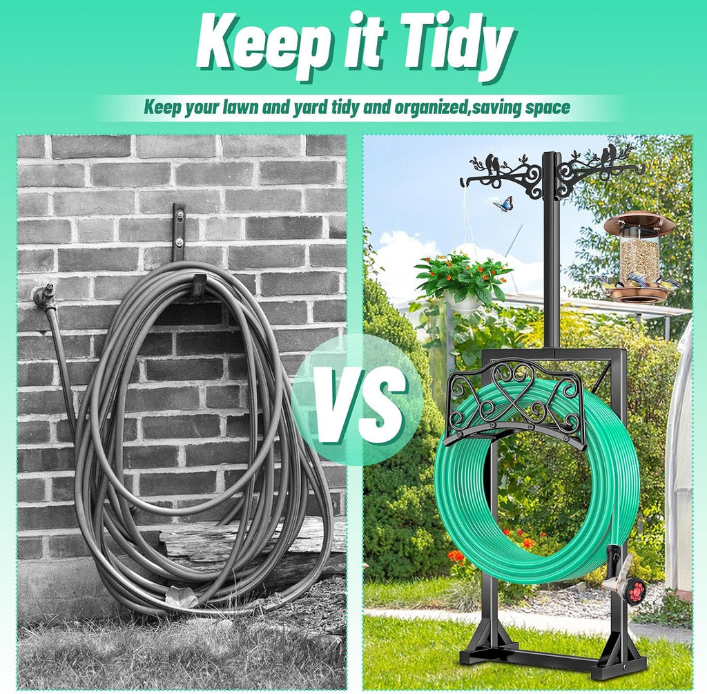 Garden Hose Holder, Freedstanding Heavy Duty Garden Water Hose Holder Stand with 2 Shepherds Hooks, Detachable Metal