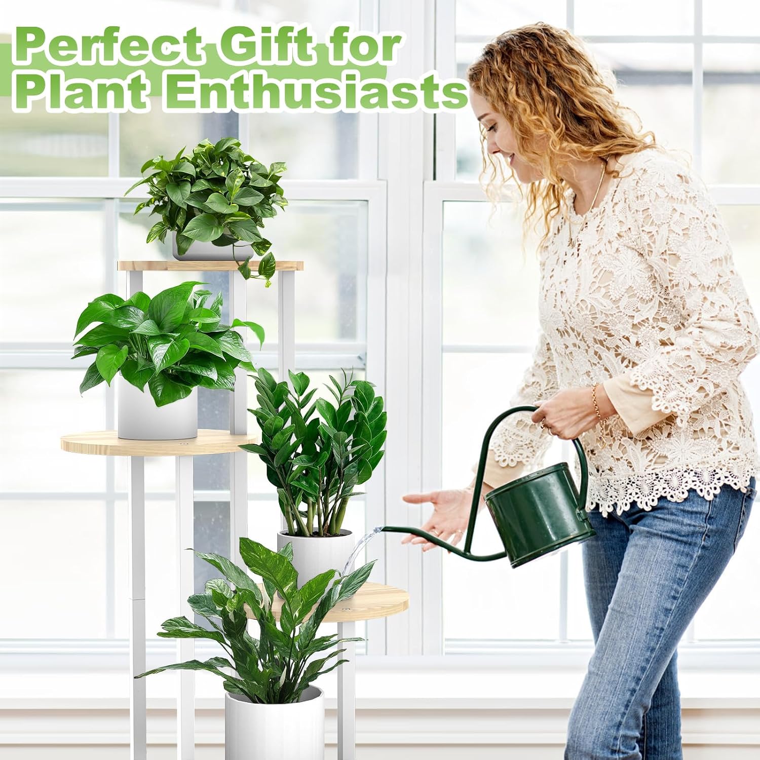 5 Tier Wood Tall Plant Stand Metal Rack Indoor, Multiple Flower Pot Holder Shelves Corner Rack, Round Planter Shelf