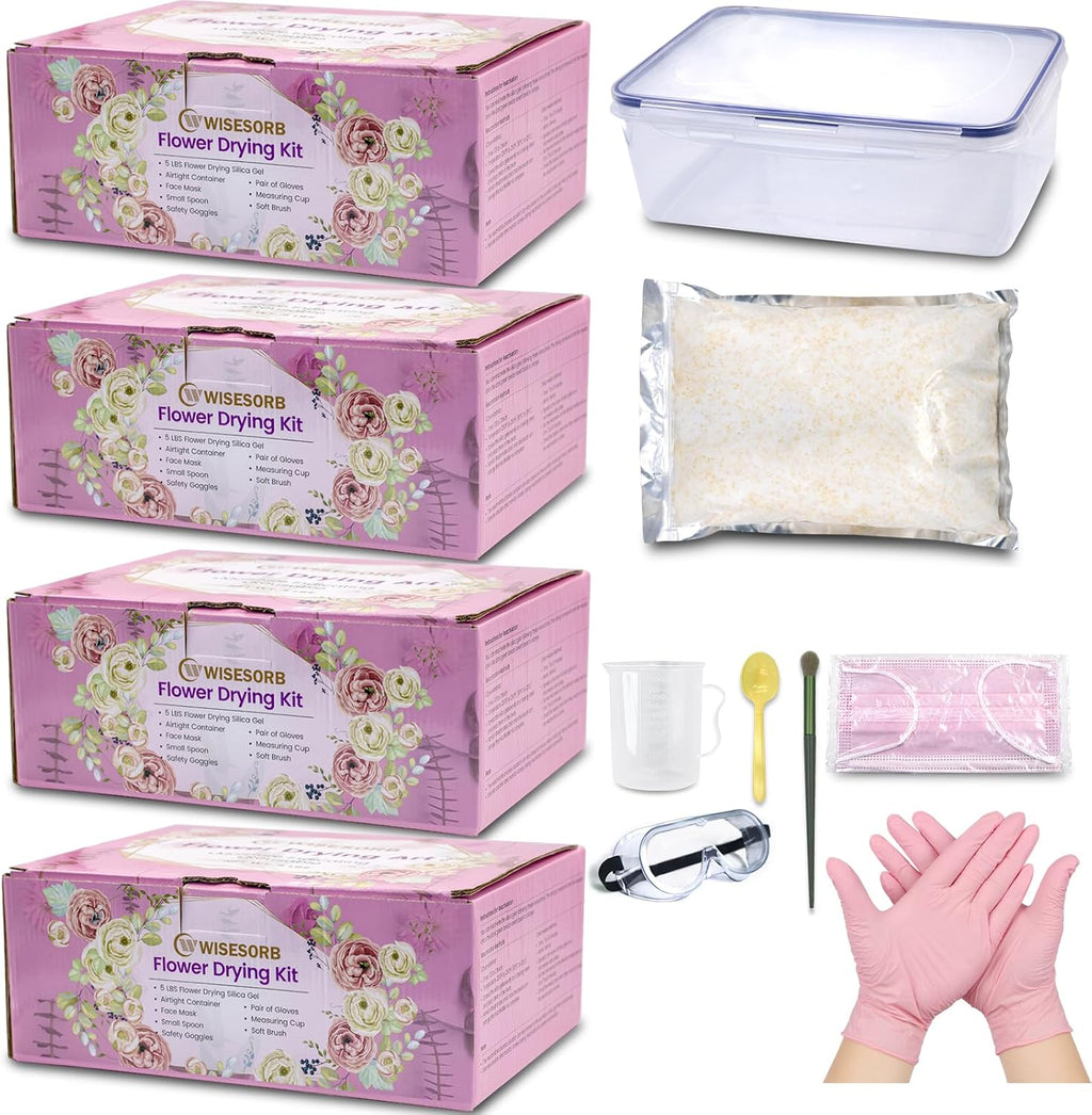 Wisesorb 4 Set of 5 LBS Silica Gel Flower Drying Kit, Silica Sand Reusable Flower Preservation Kit with Airtight Container, Gloves, Brush, Safety Goggles for DIY Wedding Bouquet Preservation