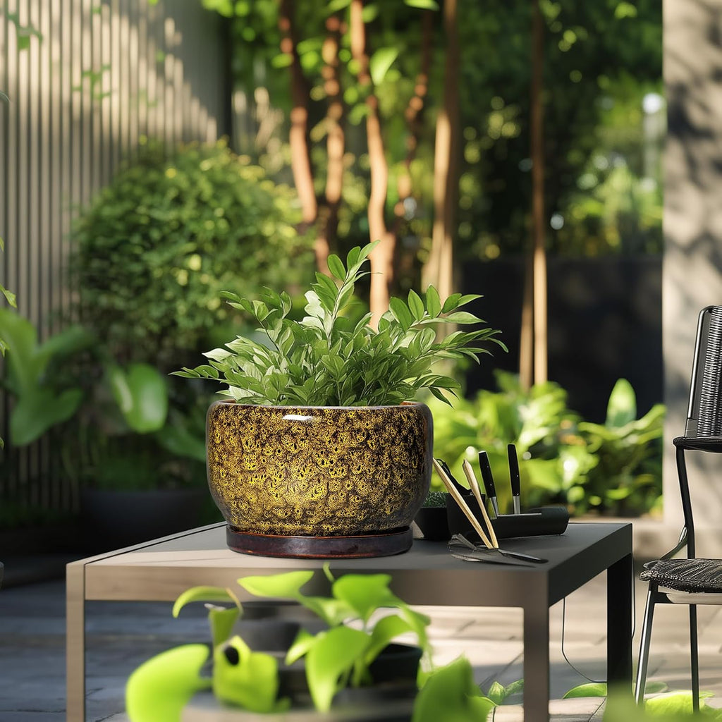 SQOWL 10 Inch Plant Pot - Ceramic Flower Pots with Drainage Hole and Saucer, Ceramic Planter for Indoor Plants Outdoor
