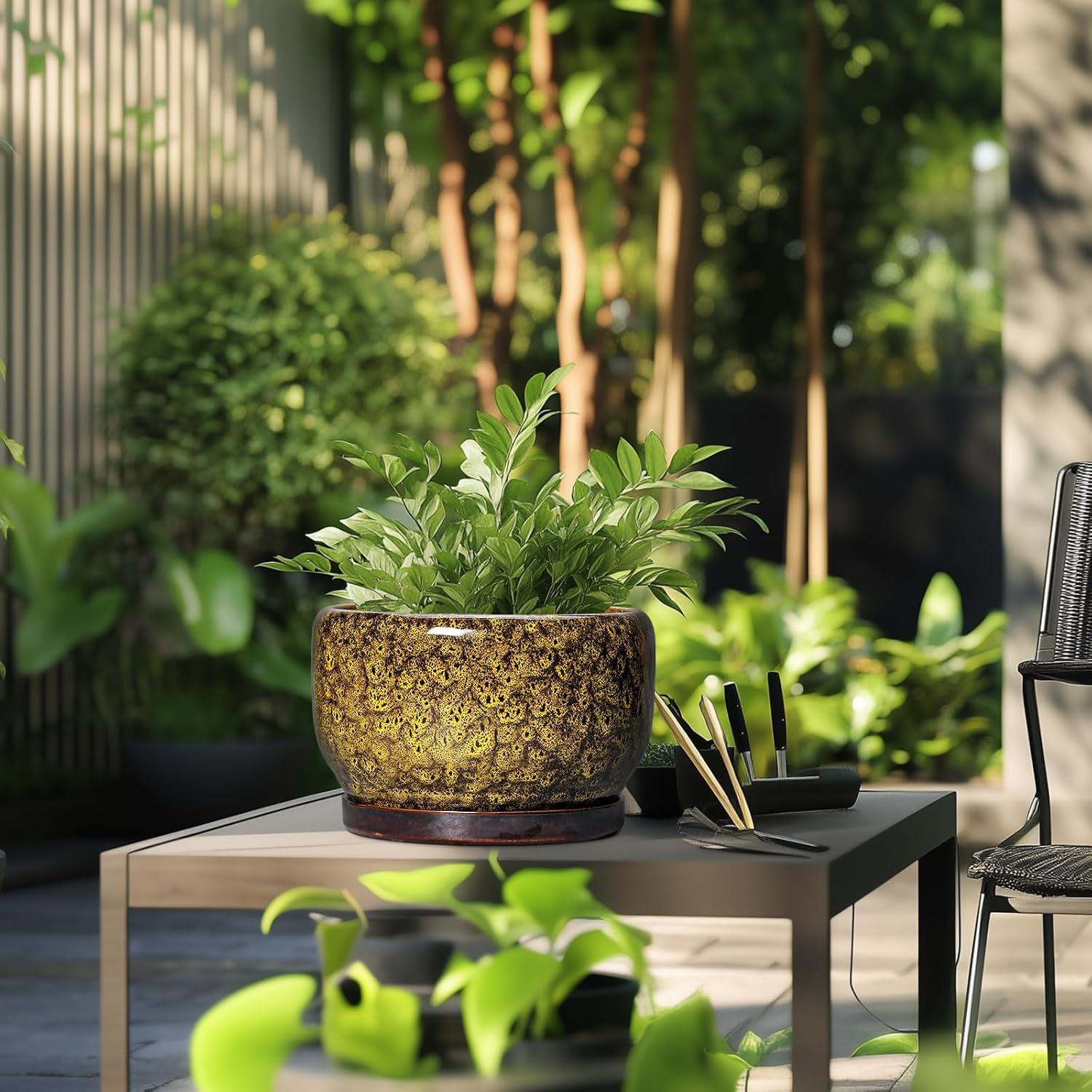 SQOWL 10 Inch Plant Pot - Ceramic Flower Pots with Drainage Hole and Saucer, Ceramic Planter for Indoor Plants Outdoor