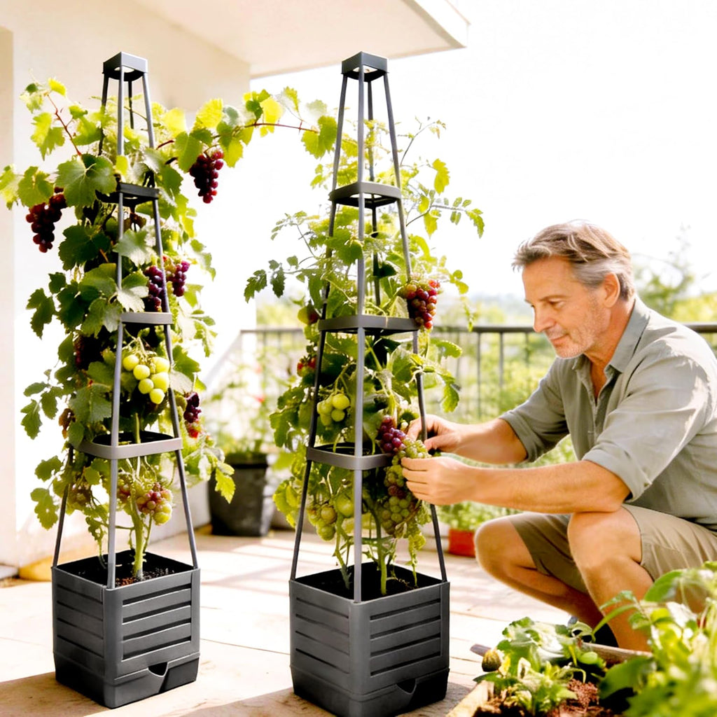 Tomato Planter with Trellis, 57 Inch Self-Watering Planter Box 2-Pack, Grey Planter with Metal Support for Outdoor