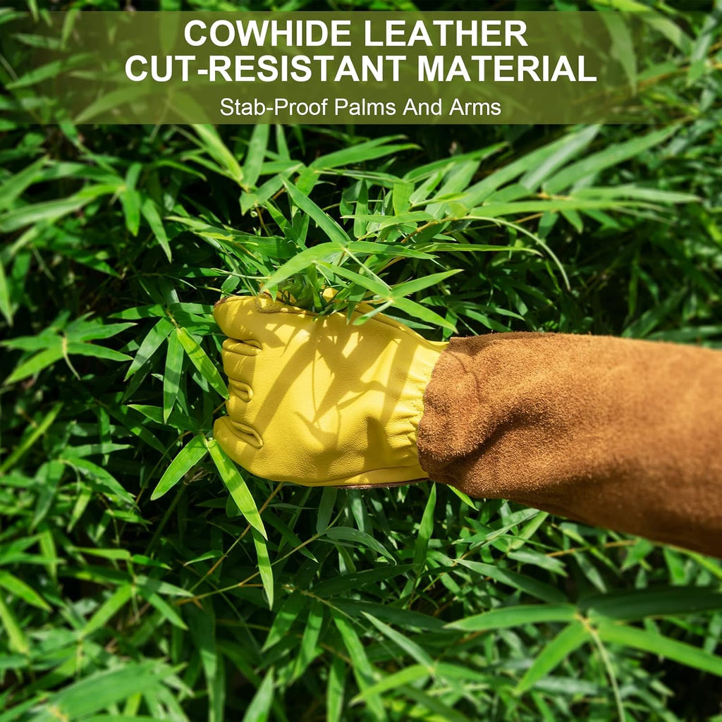 Long Gardening Gloves for Women Thorn Proof,Rose Pruning Cowhide Leather Garden Glove for Cactus, Rose and Blackberry