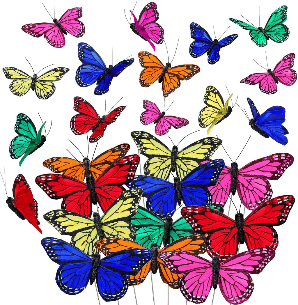 Giegxin 24 Pcs Monarch Butterfly Picks Artificial with Wire,Bright Colors