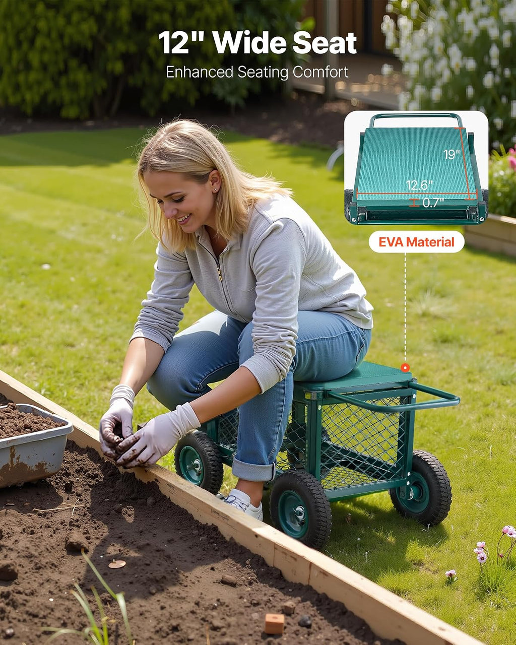 VEVOR Rolling Garden Cart with Seat, Metal Rolling Garden Work Seat with Wheels, Supports up to 400 LBS, Heavy Duty