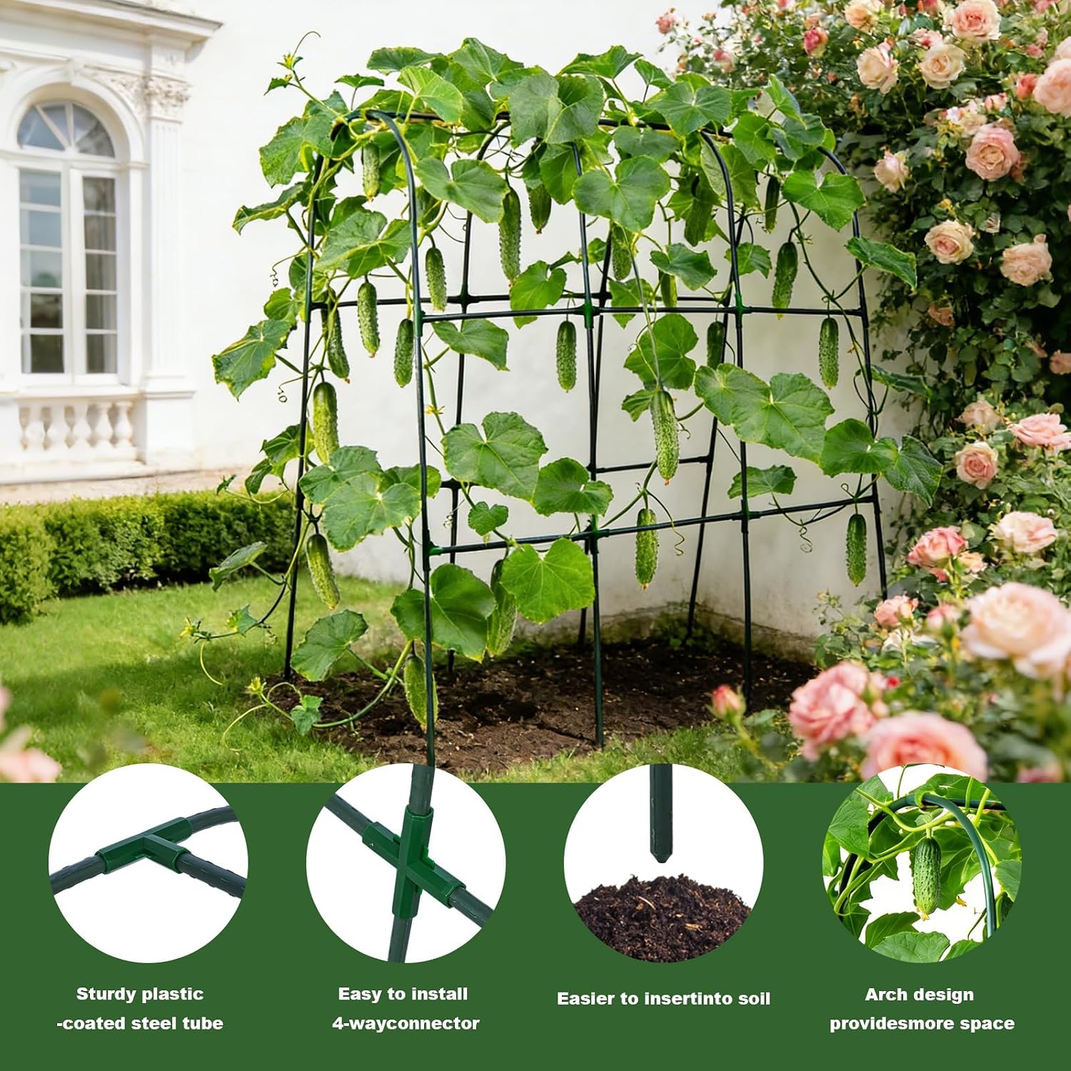 U-Shape Cucumber Trellis for Raised Beds - 47.2”x47.2”x21.6” Green Metal Arch Trellis, Rust-Resistant Garden Plant