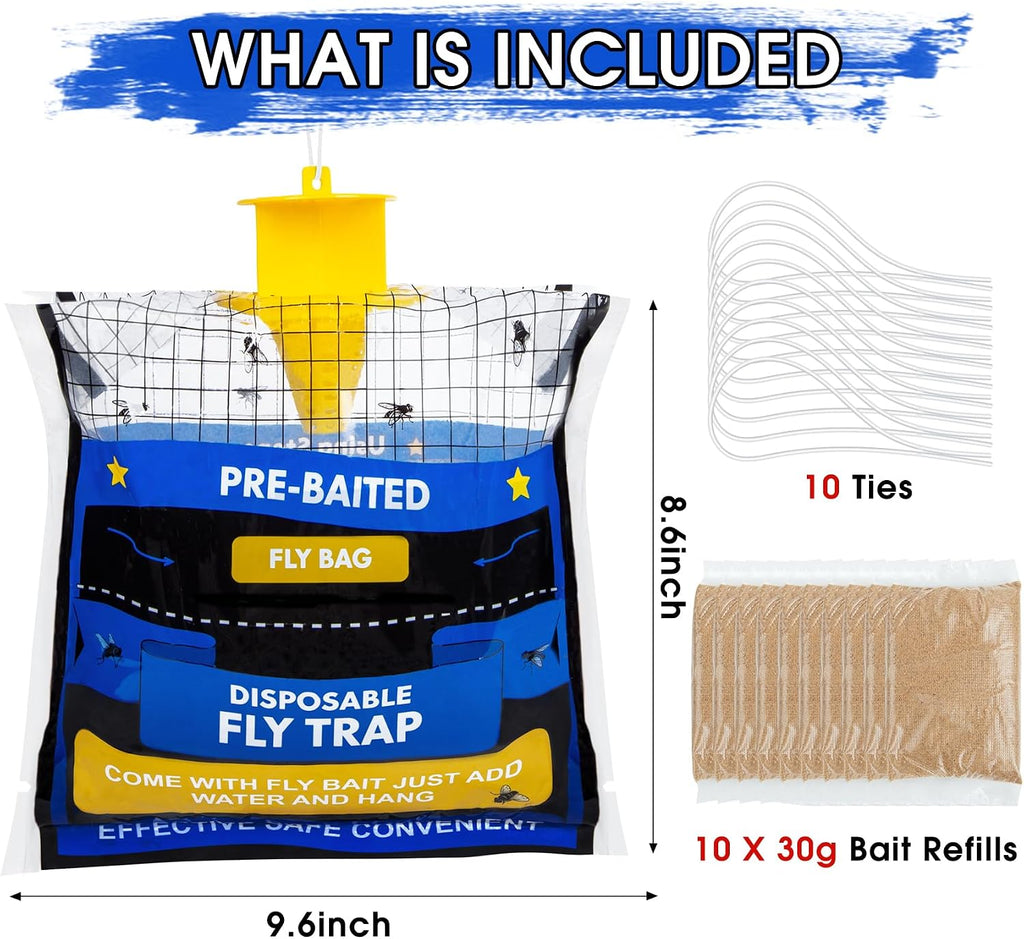 10 Pack Pre-Baited Fly Traps Outdoor Fly Bags for Patio Farm Ranch | 30g Dissolvable Bait Fly Hunter for Flying