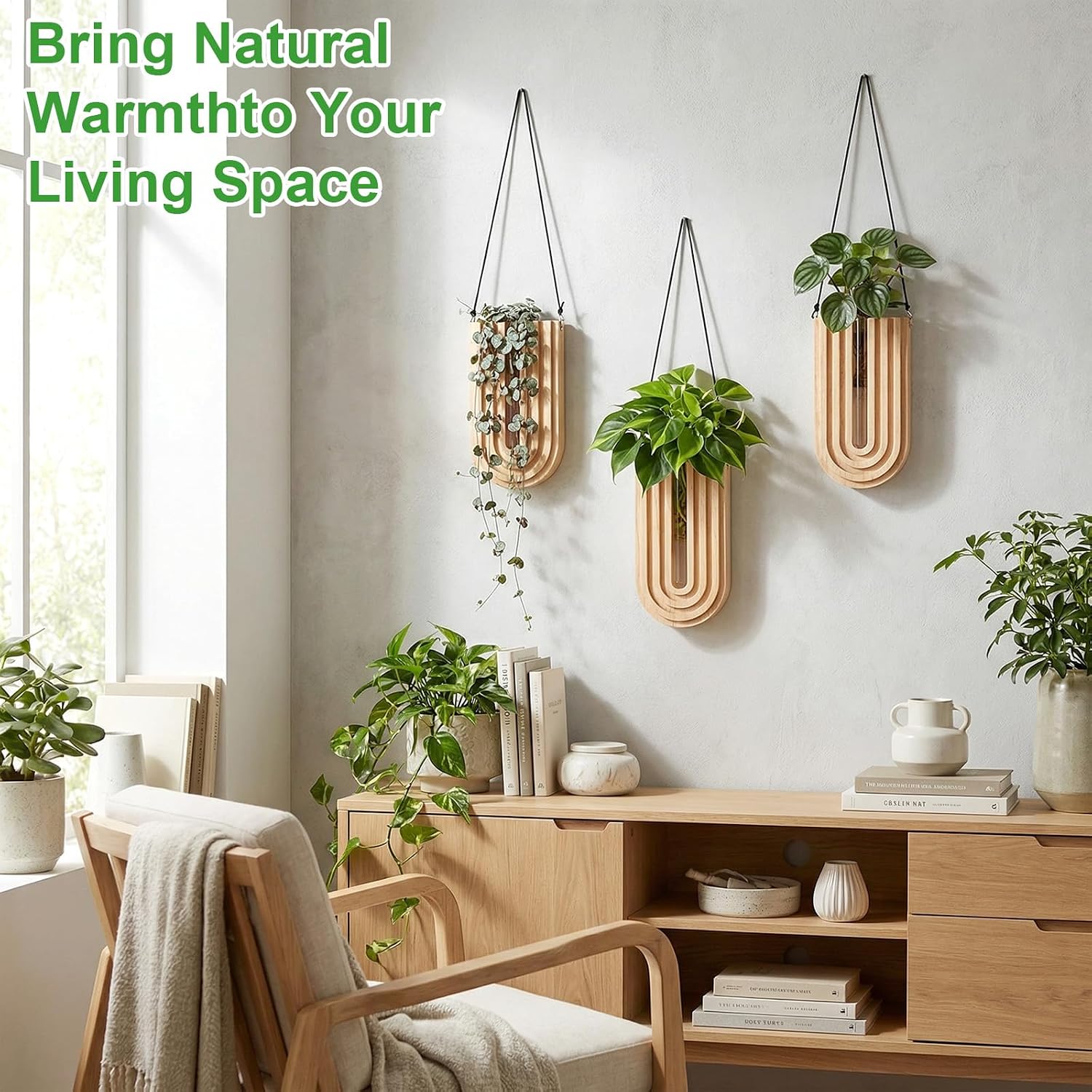 Set of 4 Wooden Wall Planter Vase Hanging Propagation Stations Glass Plant and Flower Vases Wall Plant Holder for