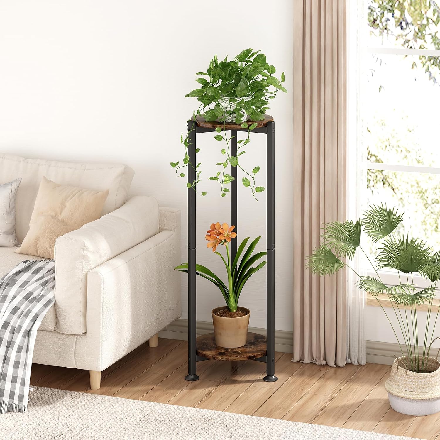 2 Tier Plant Stand Indoor Corner Tall Round Shape Plant Shelf | Modern Metal MDF board Flower Storage,Suitable tight