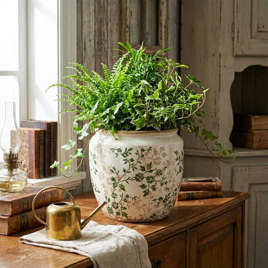 LemonRoad 7 Inch Large Vintage Ceramic Planter with Drainage Holes Ice Crackle Flower Vase Flower Pot with Rustic