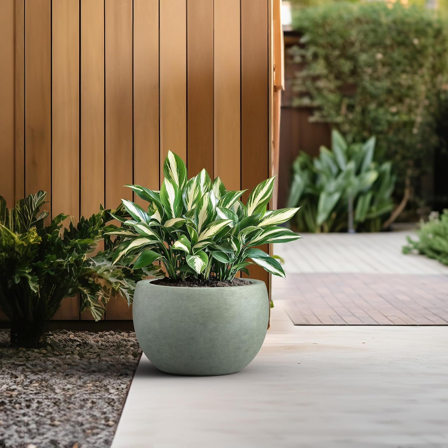 Kante Accent Round Bowl Mint Green Concrete Planter 15.7" Dia, Outdoor | Rubber Plug for Indoor, Drainage for Garden