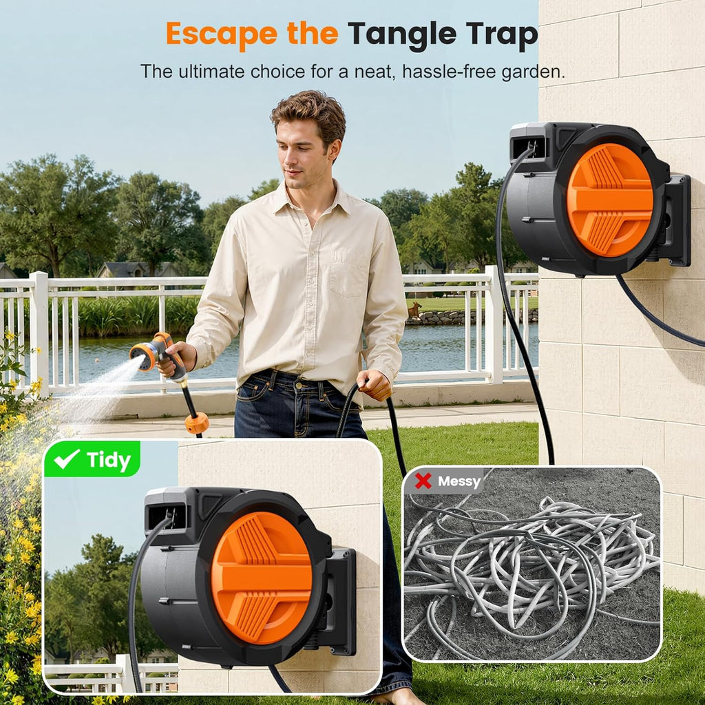 Retractable Garden Hose Reel 1/2” x 100ft, Auto Rewind Hose Reels for Outside, Heavy-Duty Wall-Mounted Outdoor Hose