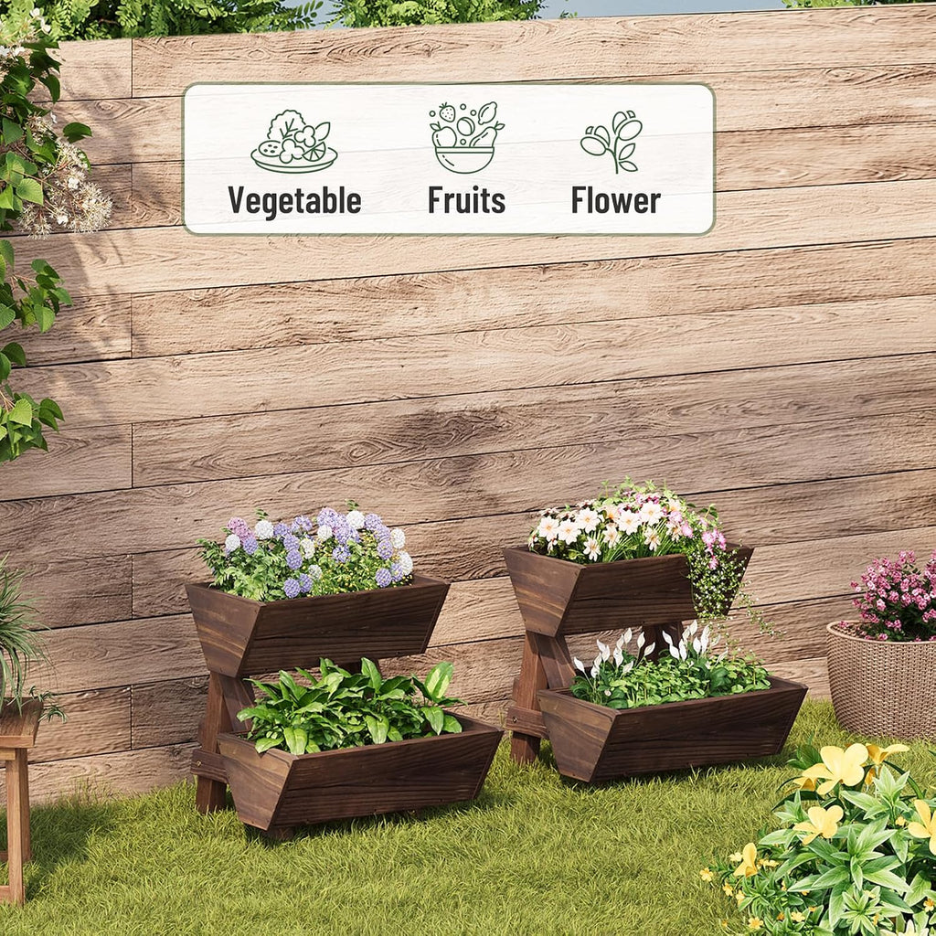 2-Tier Vertical Wooden Raised Garden Bed, Garden Planter Box,Carbonized | Freestanding Wood Flower Rack, Planter Box