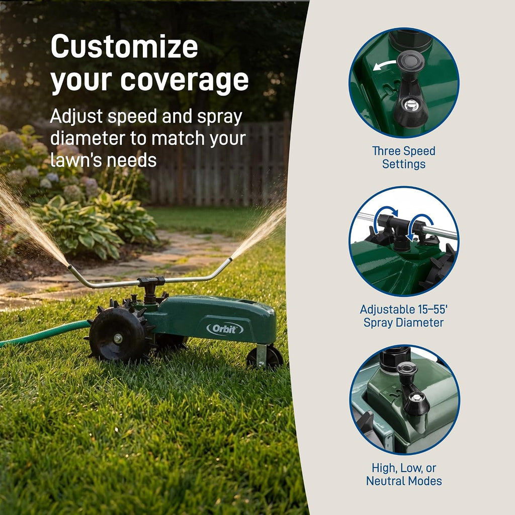 Orbit Traveling Tractor Water Sprinkler - Self-Propelled Traveling Sprinkler for Wide Lawn Coverage - Cast-Iron Body