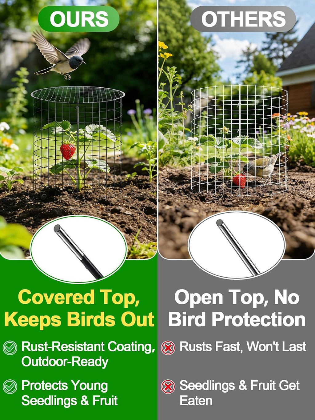 16''H x 11''Dia Plant Protectors from Animals - Full-Protection Anti-Rust Plant Cages with Covers for Outdoor Plants