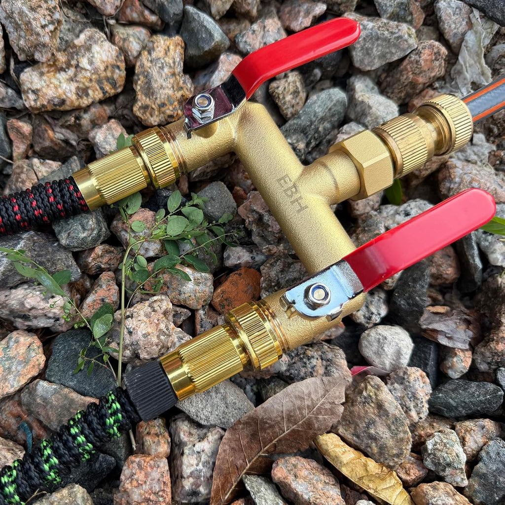 EBH Garden Hose Splitter, 2-Way Full Flow Brass Heavy Duty Outdoor Hose Manifold with Extra Long Handles Shutoff Valves