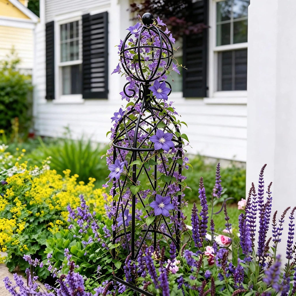 2-Pack Metal Garden Obelisk Trellis, 28" Geometric Sphere Plant Support | Tool-free assembly; fits 9–12in planters