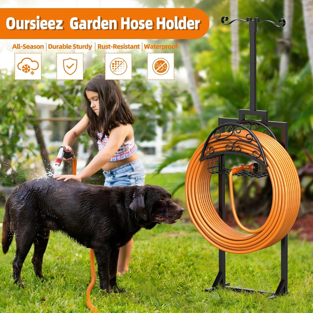 Garden Hose Holder with Shepherds Hooks - Freestanding Metal Water Hose Holder Stand Holds 160ft, Heavy Duty Garden