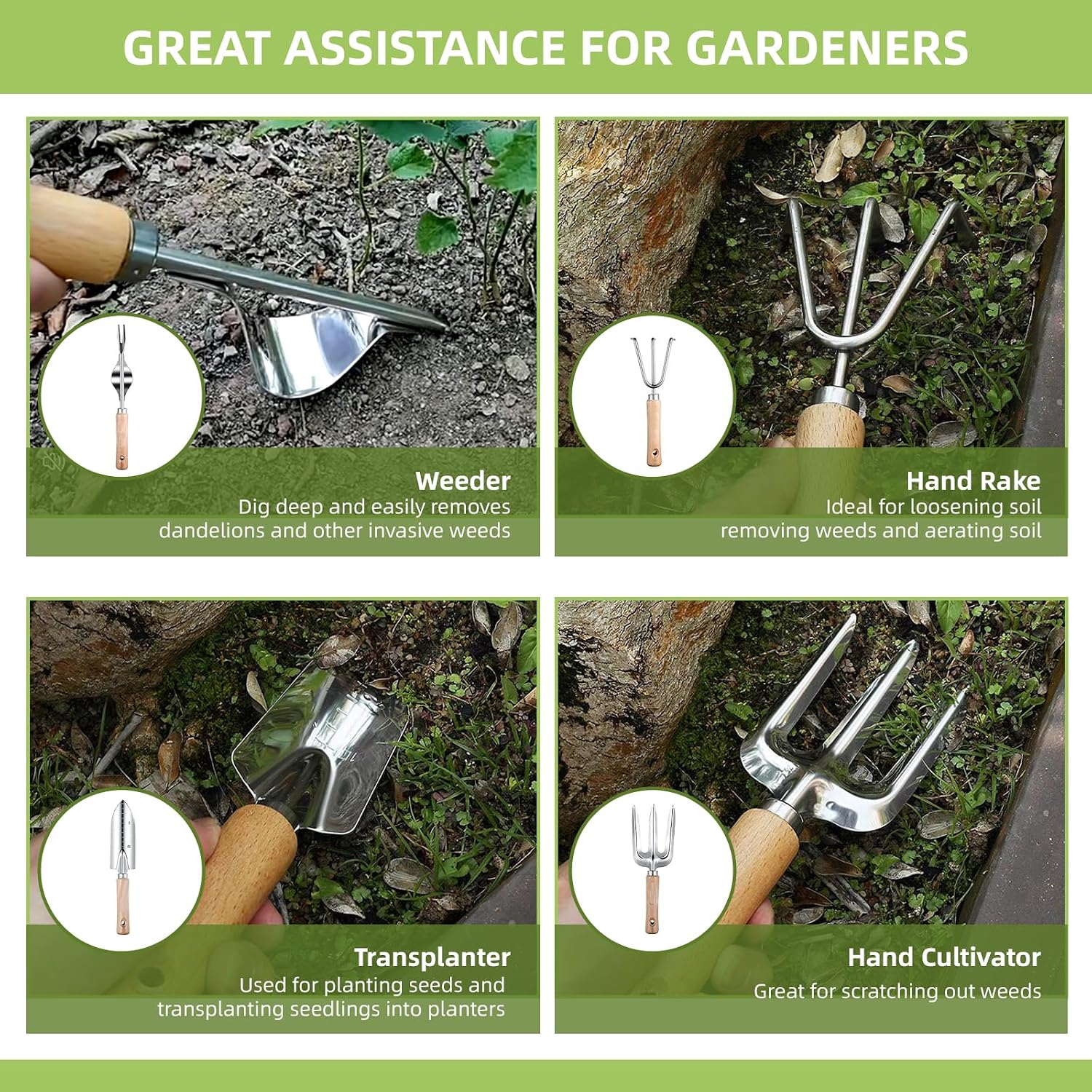 Gardening Tools 12-Piece, Durable Heavy Duty Garden Tool Set Stainless Steel, Garden Hand Tools with Tote Bag, Non Slip