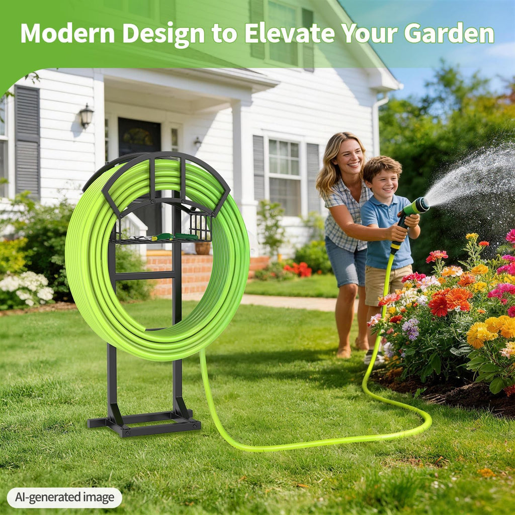 LASZOLA Garden Water Hose Holder Hanger Freestanding Reel for Outside Black | Rack Outdoor with Storage Basket, Heavy