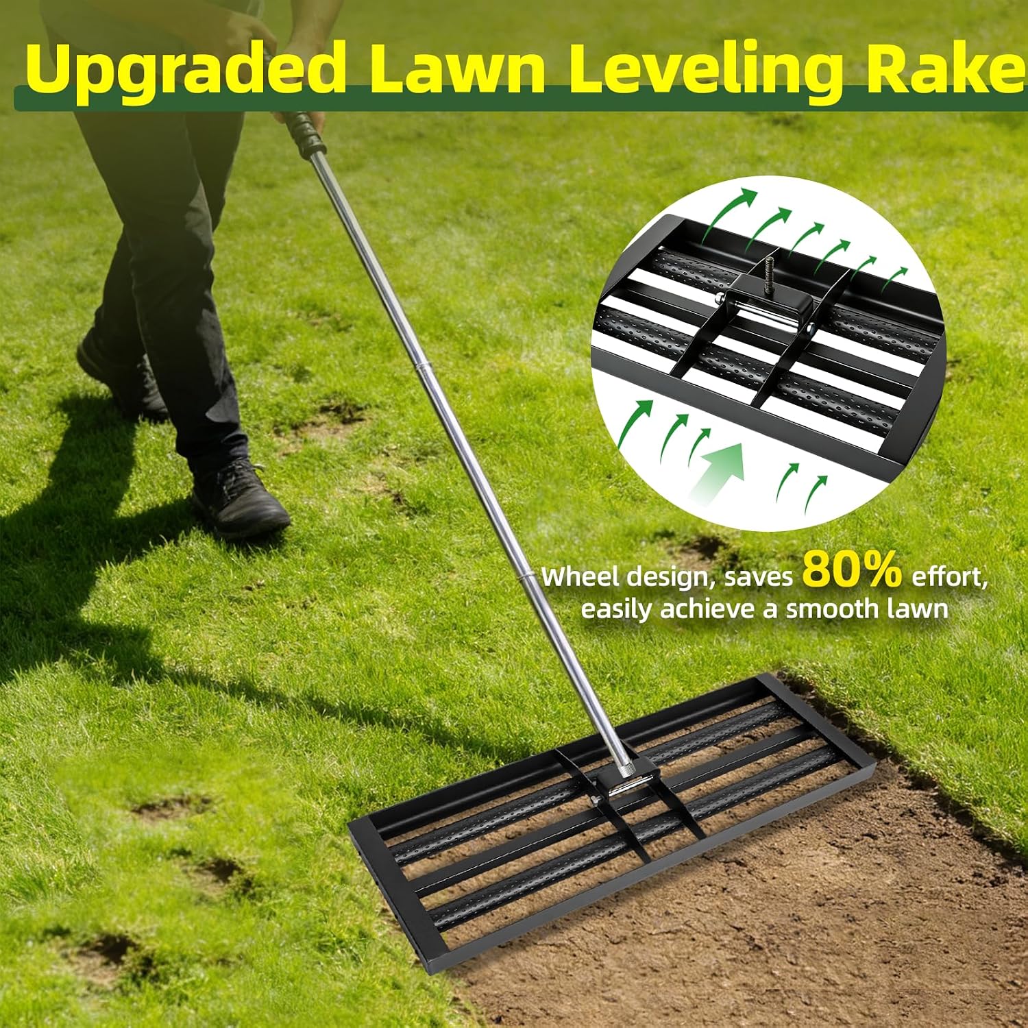 Updated Lawn Leveling Rake 17"×10" with 2 Steel Rollers, 6.5ft Handle | Effort-Saving Lawn Leveler, Yard Leveling Rake
