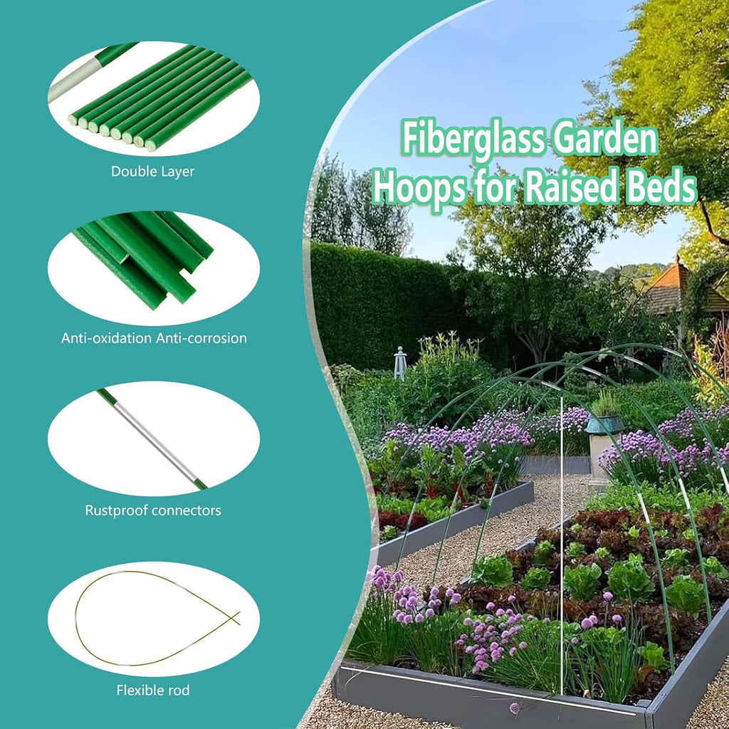 Garden Hoops for Raised Beds 60 Pcs, 10 Sets of 8FT Long Greenhouse Hoops Grow Tunnel Rust-Free Fiberglass Support