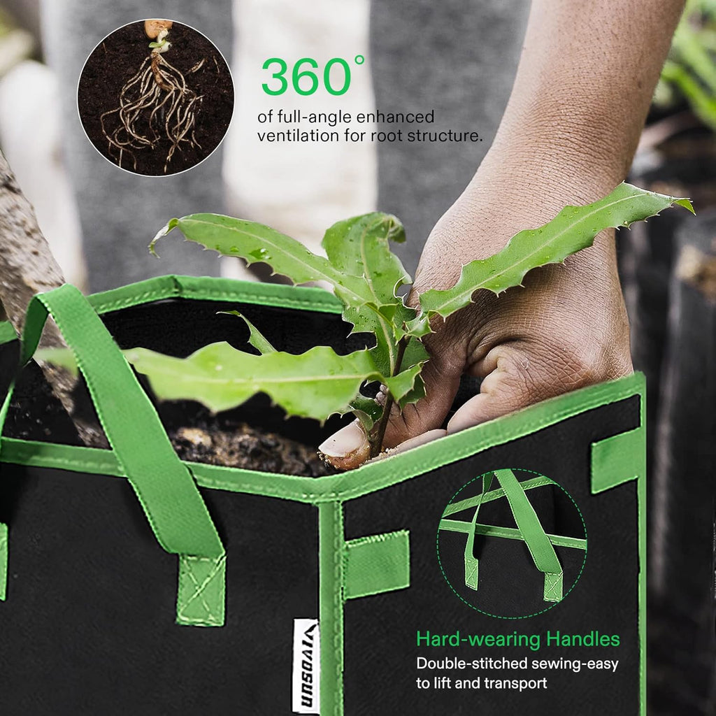 VIVOSUN 5-Pack 10 Gallon Square Plant Grow Bags with Handles | 260G Thickened Fabric, Built-In Stick Holders