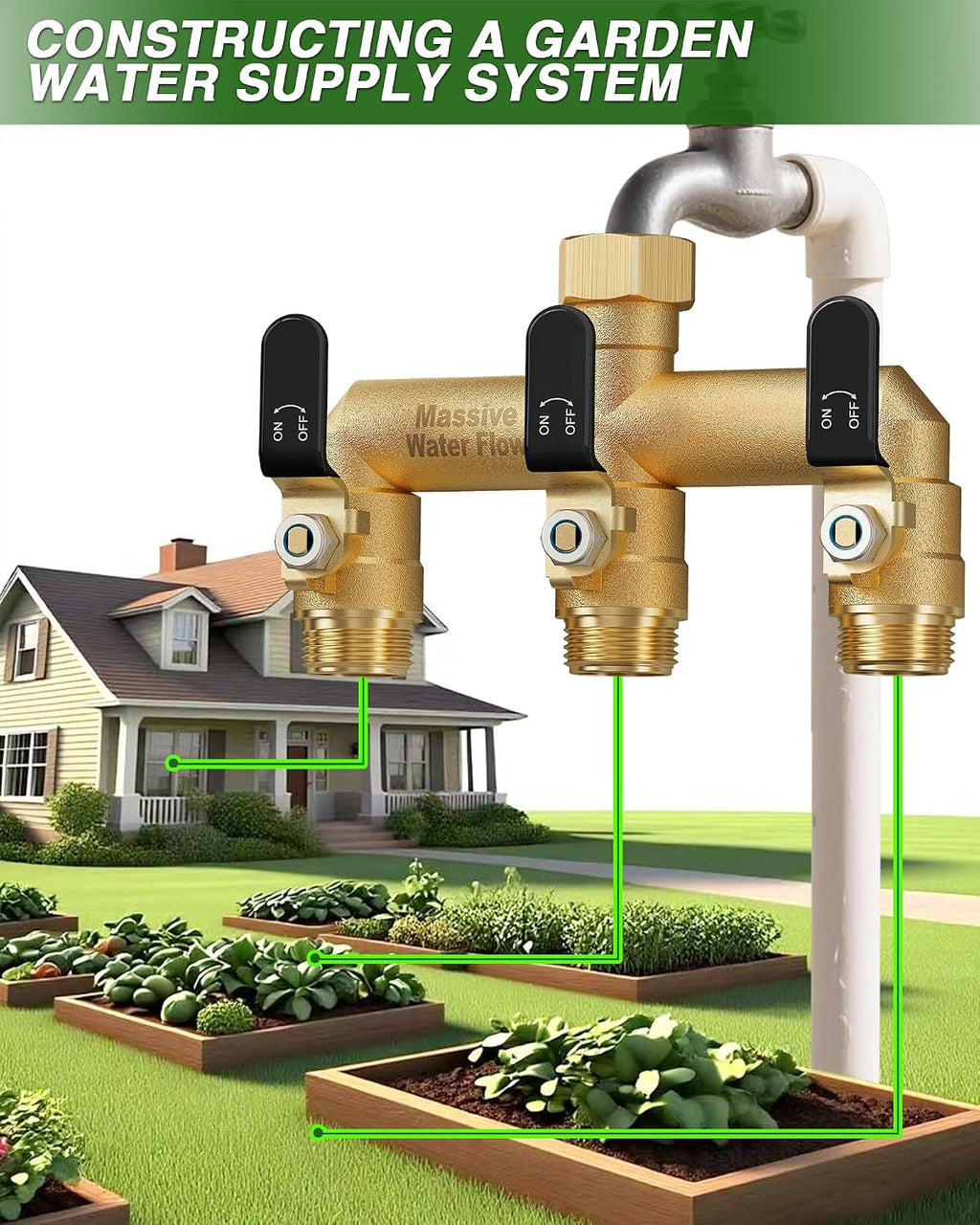 3 Way Hose Splitter, Heavy Duty Full Flow Garden Water Hose Bib Spigot Splitter, Brass Rust and Freeze Resistant