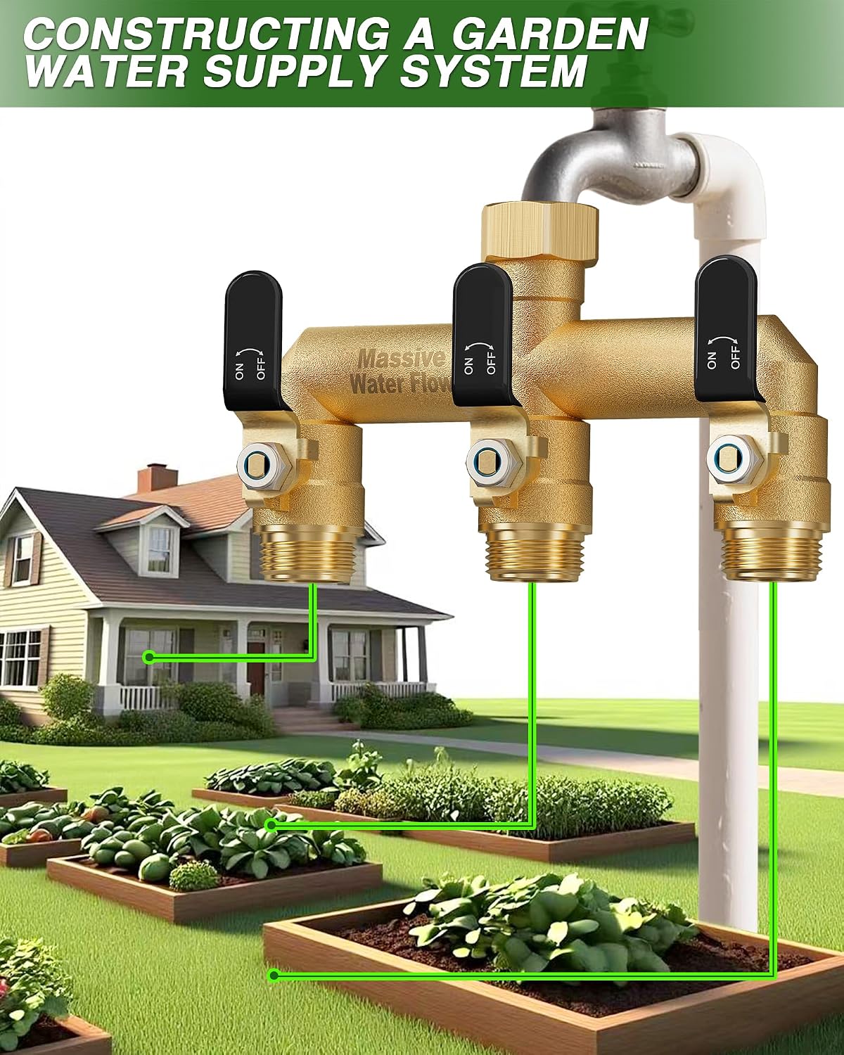 3 Way Hose Splitter, Heavy Duty Full Flow Garden Water Hose Bib Spigot Splitter, Brass Rust and Freeze Resistant