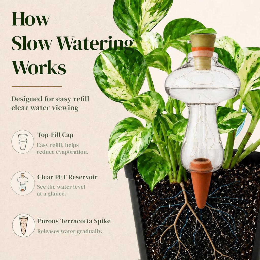11 oz Plant Self Watering Globes Top Fill, Mushroom Plastic Self Watering Bulbs, LED Night Light Automatic Waterer with