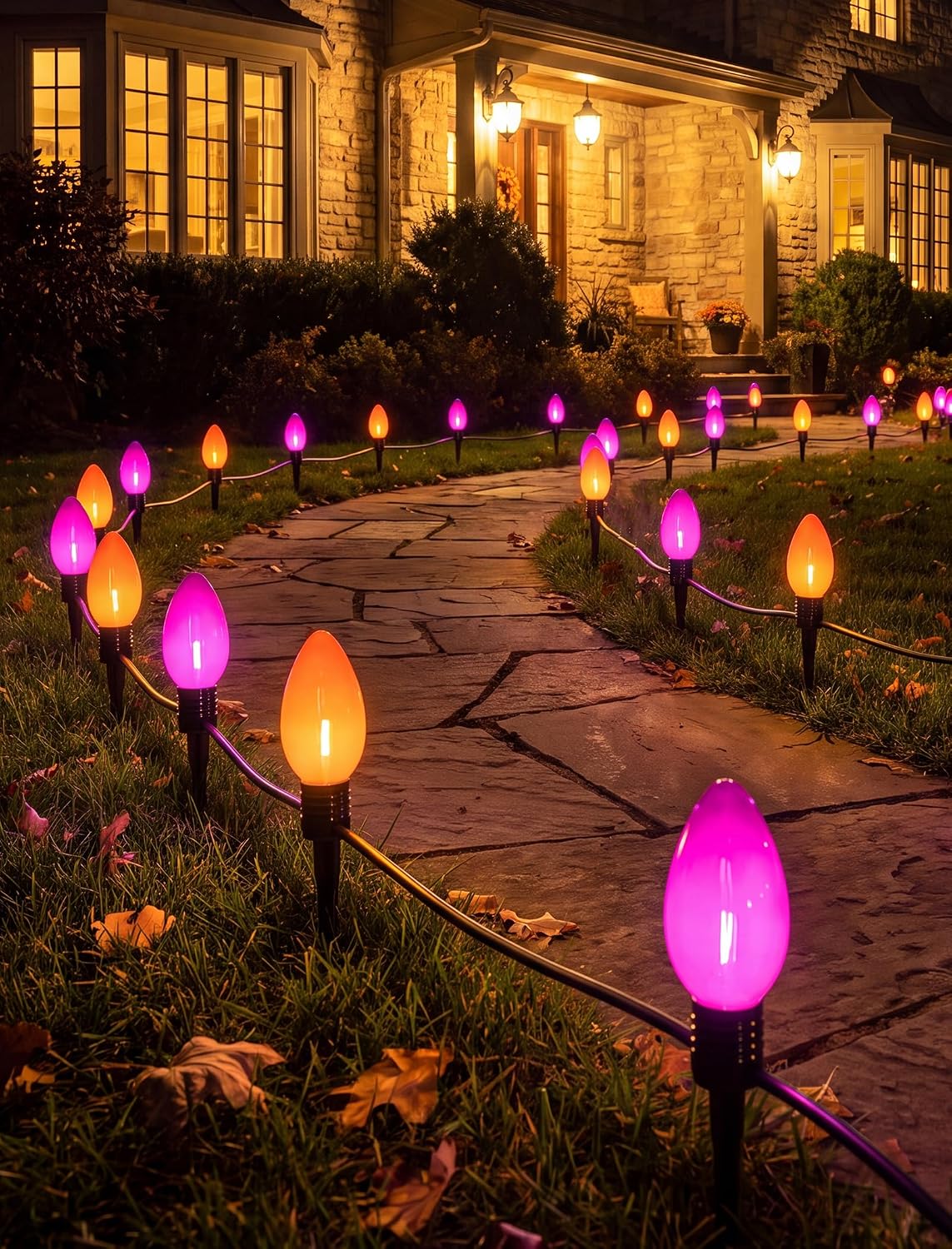 Halloween C9 Oversized Pathway Lights, 4 Pack LED Purple/Orange Stakes