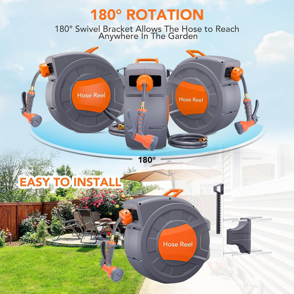 GAOMON Retractable Garden Hose Reel - 1/2 in x 72 ft, Wall Mounted, 9-Function Sprayer, Any Length Lock, 180° Swivel