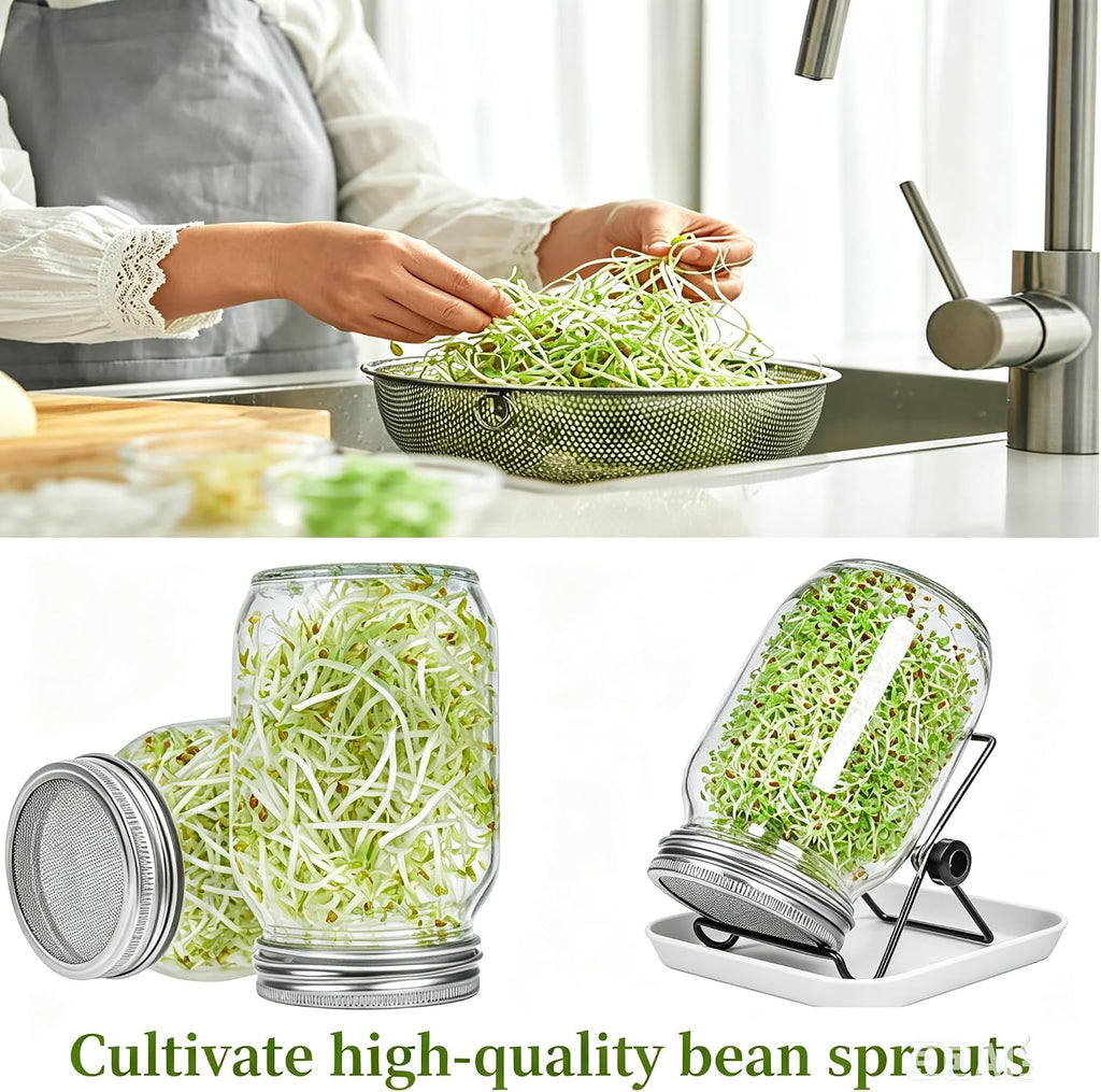 Lulonpon 4 Sprouting Jar Kit, Wide Mouth Quart Mason Jars with Stainless Steel Screen Sprout Lids