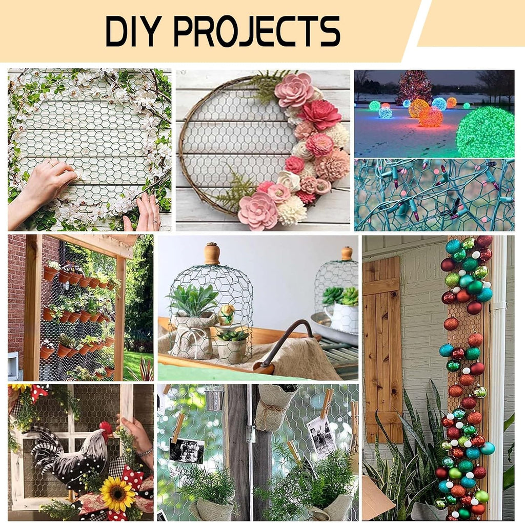 Chicken Wire 15.7in x 393.7in with a Pair of Gloves，1 Wire Cutter，100 Pcs Cable Zip Ties, Floral Chicken Wire Mesh