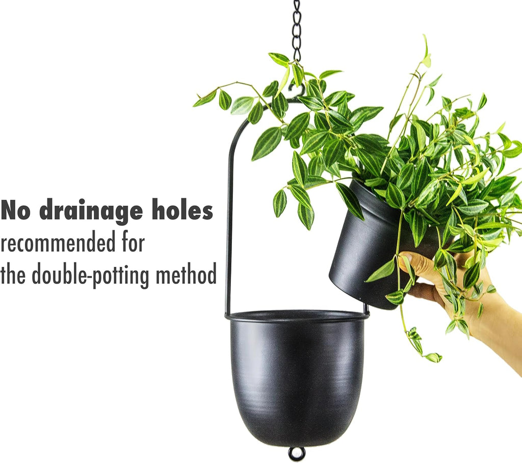 Metal Hanging Planters Set of 2 with 6 Inch Oval Pots - Stackable and Connectable Plant Hangers - Black Modular Wall