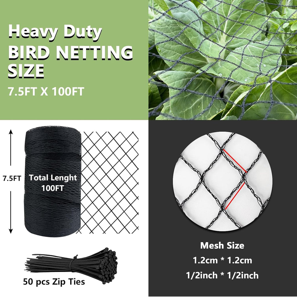 Bird Netting 7.5x100 FT,1/2" Mesh Heavy Duty Garden Netting | Black Net Pest Barrier for Fruit Trees,Chicken