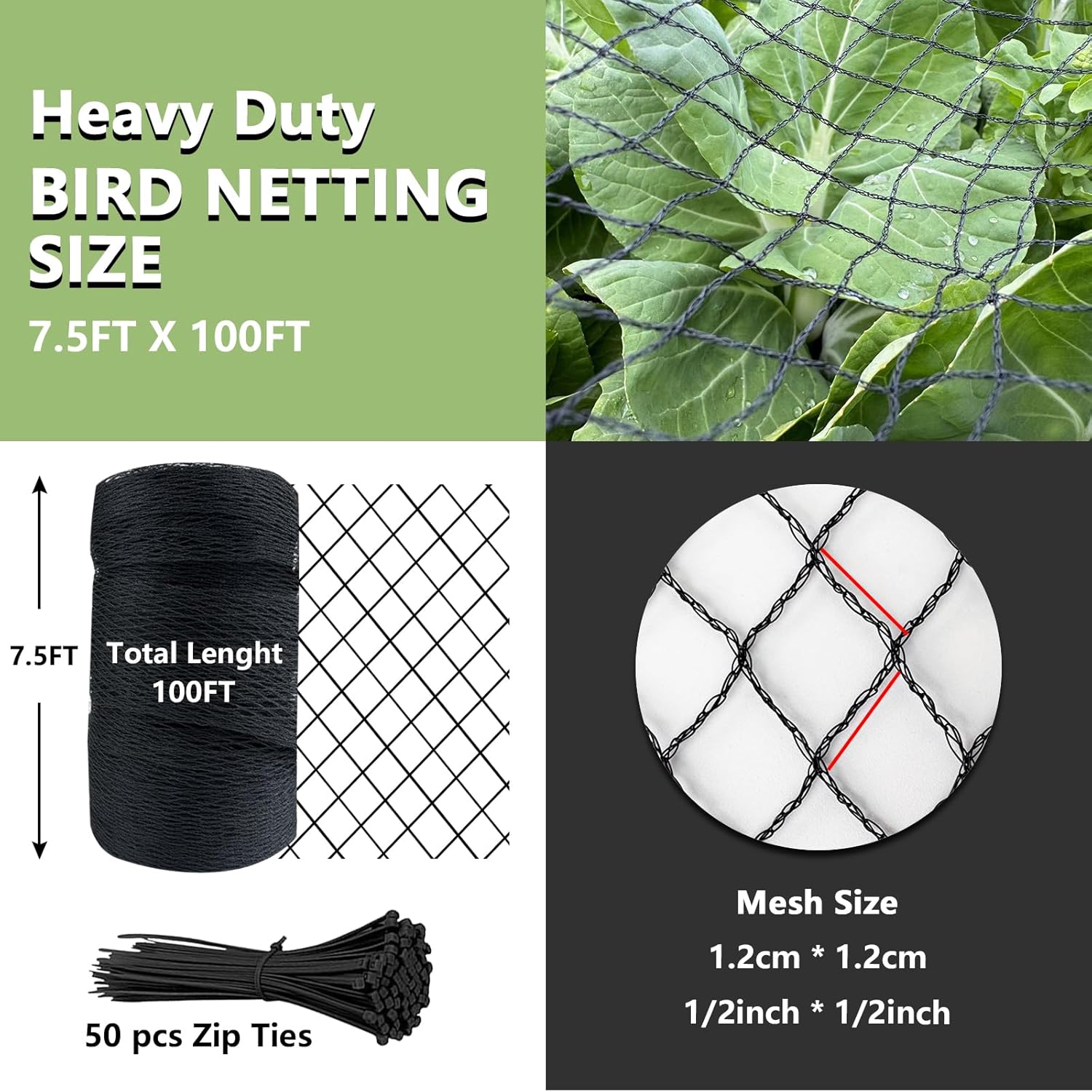 Bird Netting 7.5x100 FT,1/2" Mesh Heavy Duty Garden Netting | Black Net Pest Barrier for Fruit Trees,Chicken
