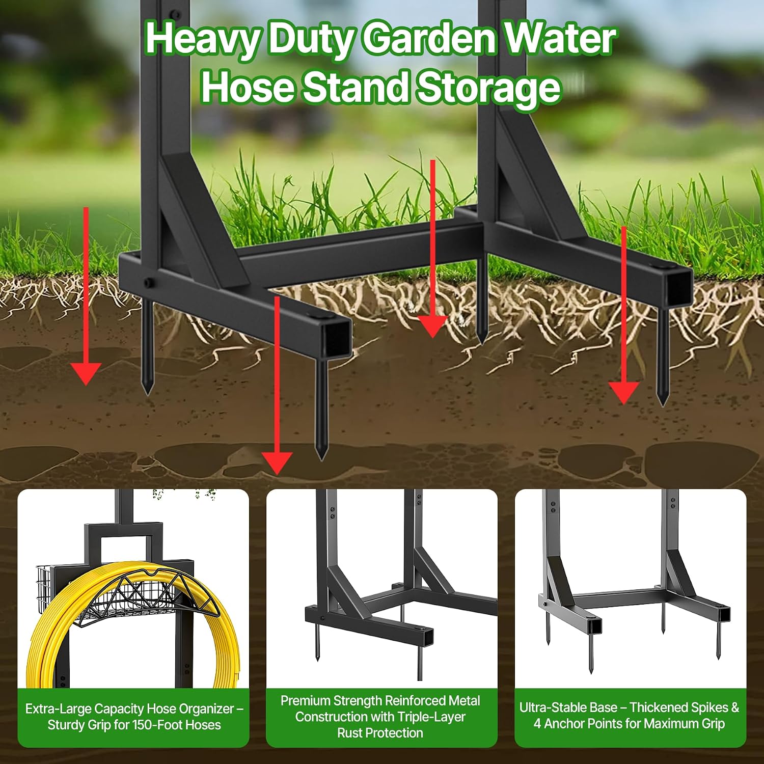 Garden Hose Holder, Water Hose Holders for Outside with Storage Basket & 2 Shepherds Hooks, Detachable Garden Hose