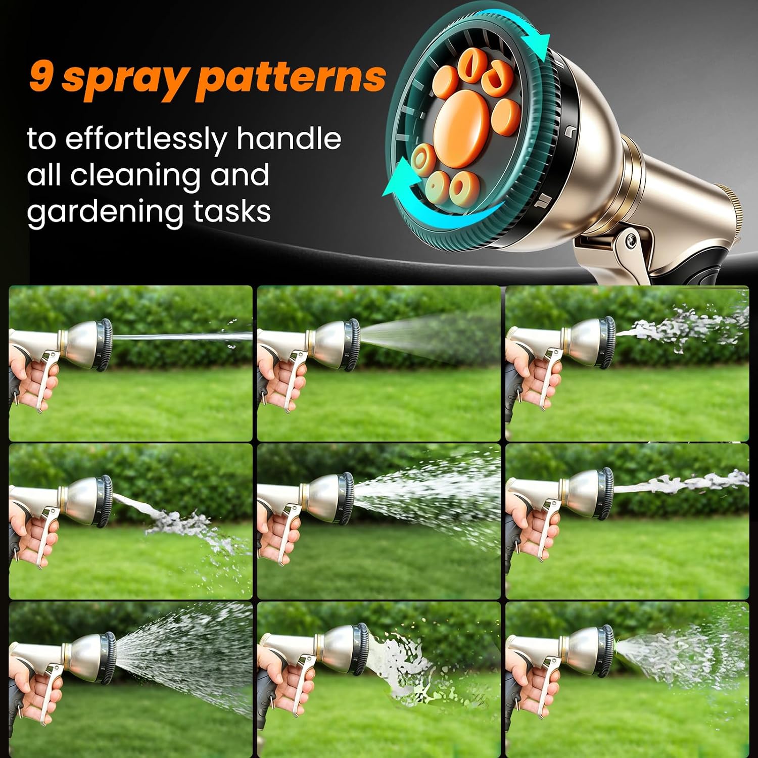 ARXIVE 9-Pattern Brass Hose Nozzle, High Pressure Leakproof Water Sprayer | Versatile sprayer with non-slip grip,Ideal