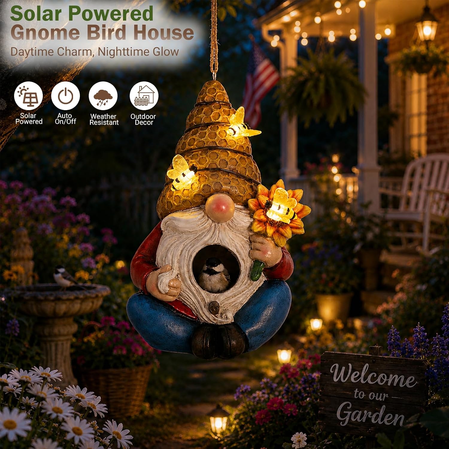 Yinns Bird House, Decorative Hanging Solar Gnome Birdhouse for Garden Decor | Birdhouses for Outdoors, Hanging Funny