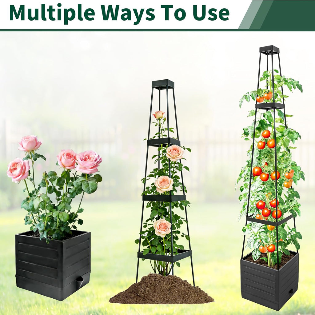 Tomato Planter with Trellis, 57 Inch Self-Watering Planter Box 2-Pack, Grey Planter with Metal Support for Outdoor