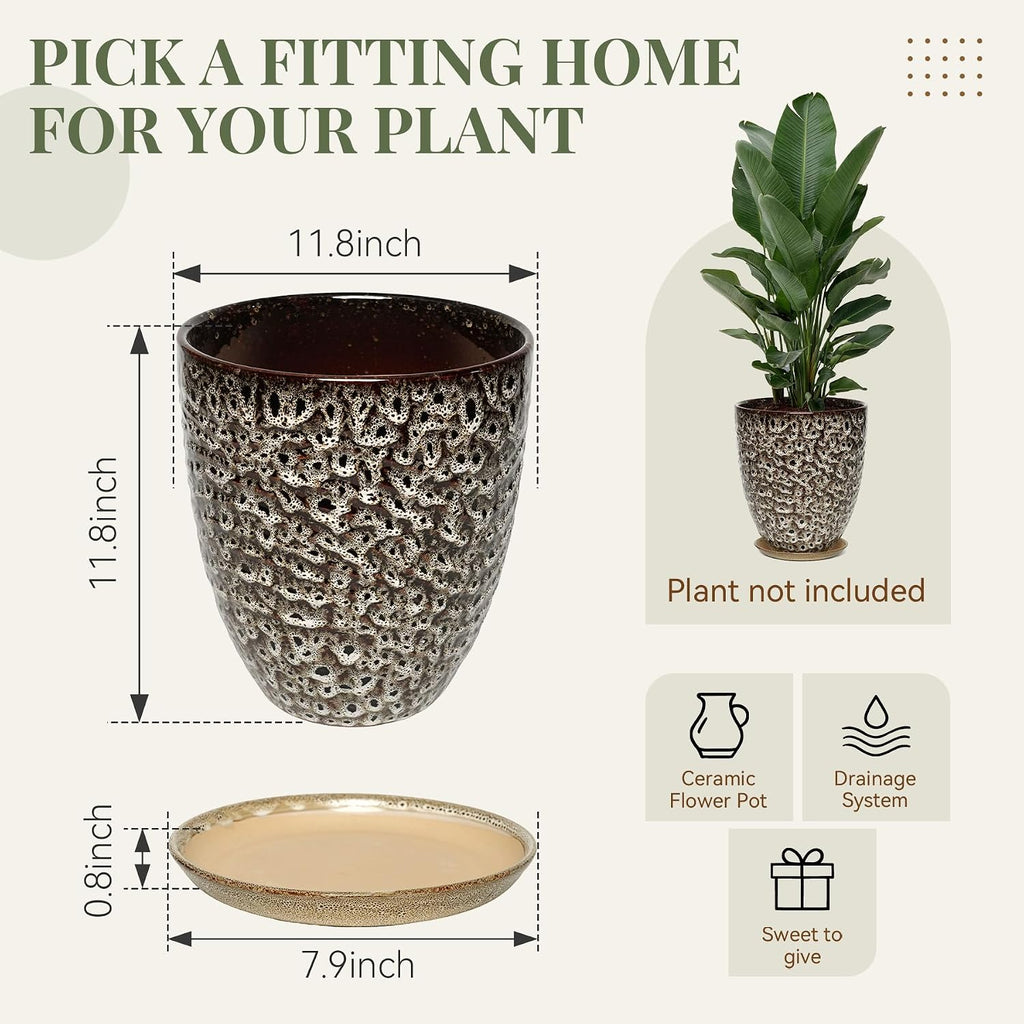 11.8 Inch Modern Ceramic Plant Pot with Saucer, Flower Pot with Drainage Hole Mesh Net,Indoor Outdoor Planter (Speckle