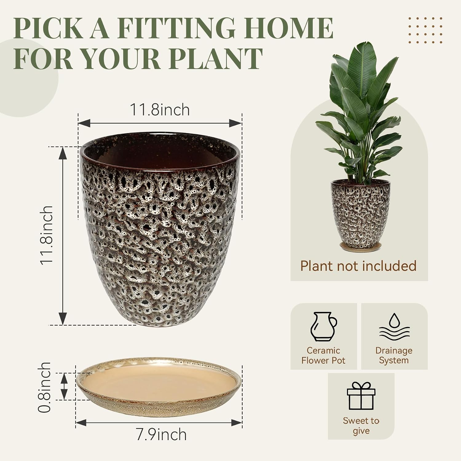 11.8 Inch Modern Ceramic Plant Pot with Saucer, Flower Pot with Drainage Hole Mesh Net,Indoor Outdoor Planter (Speckle
