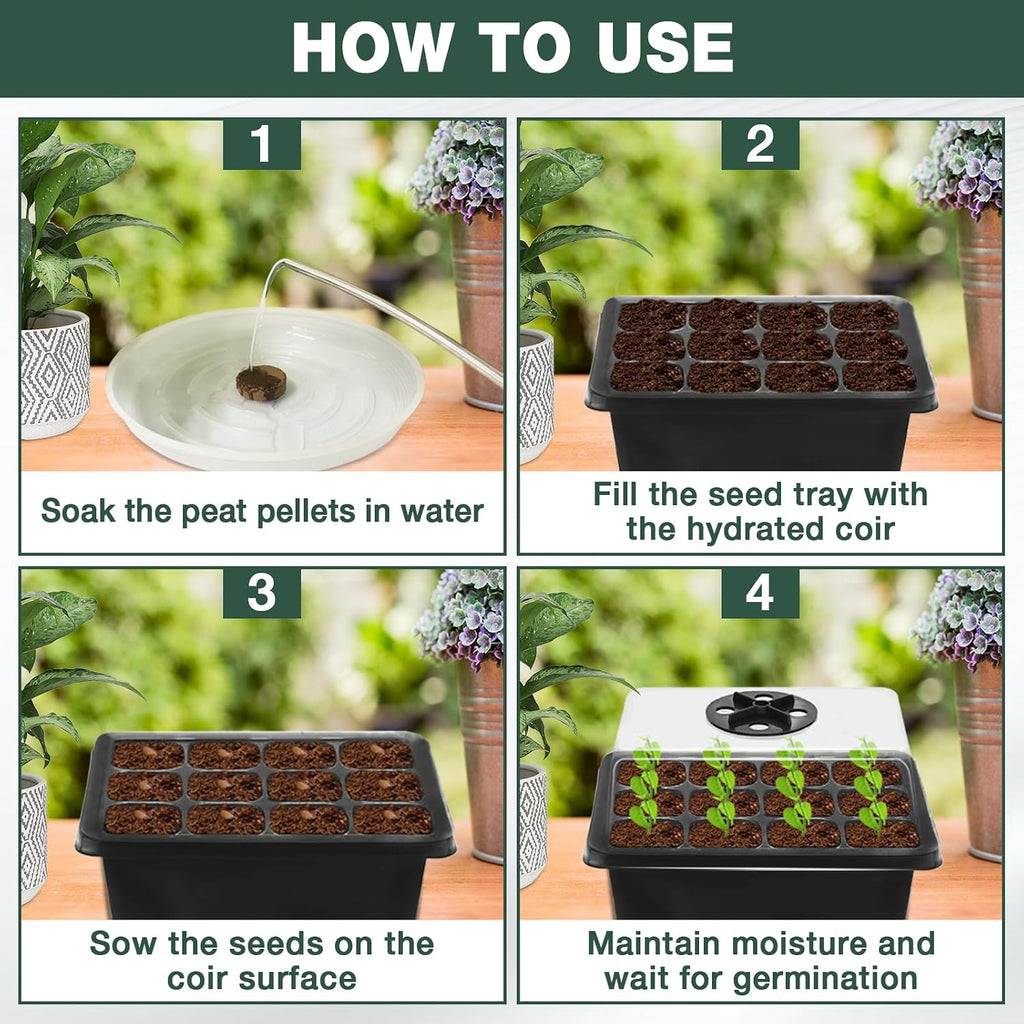 10 Set Seed Starter Tray Kits with 150 Pack Coco Coir Pellets | Adjustable Humidity Seed Germination Trays, Mini